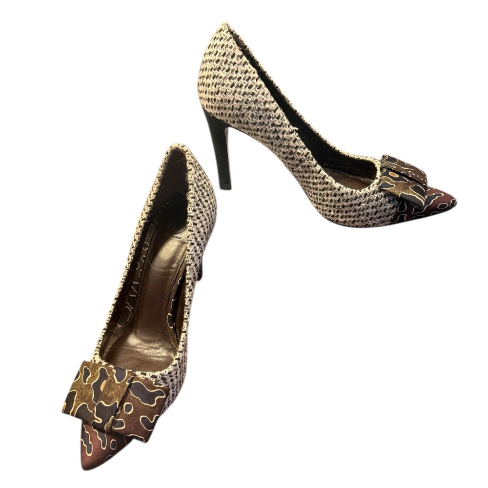 Tory Burch Cleo Tweed Brown/Cream/Black Silk Bow Heels Size 6 MSRP $395
